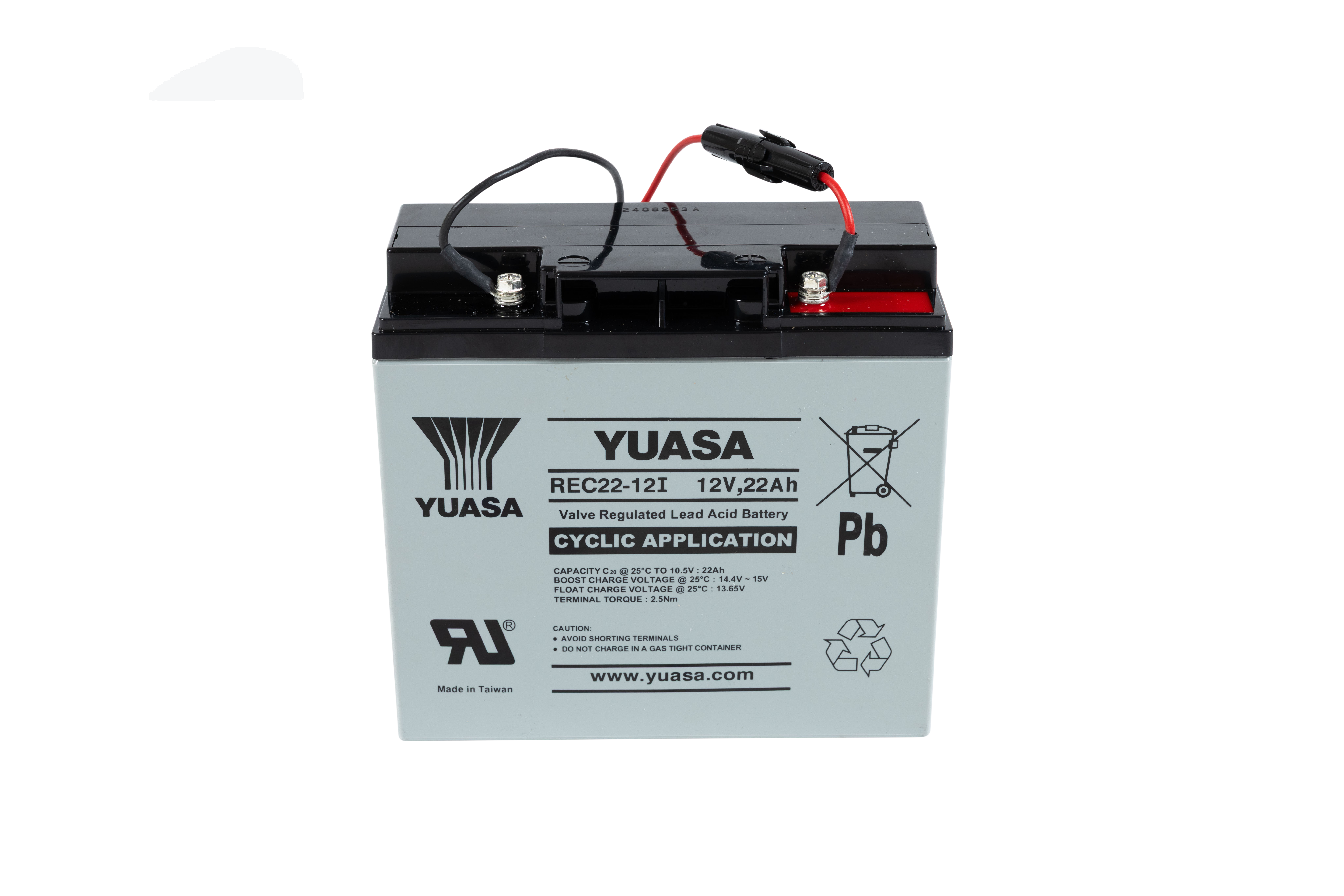 12V Bleiakku von Yuasa mit 22Ah Kapazität – REC22-12I, wartungsfreier, ventilgeregelter Akku für zyklische Anwendungen mit Flachanschlüssen.